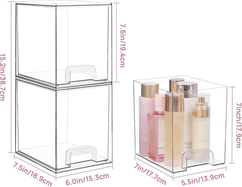Vtopmart 7.6" H Clear Stackable Storage Drawers, 4 Pack Plastic Organizers Bins for Skincare, Cosmetics,Beauty Supplies,Ideal for Vanity, Bathroom,Kitchen Countertop,Cabinet Organization - Image 3